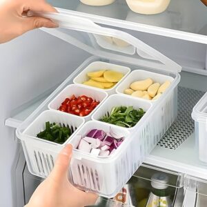 Container1.1 Digihollix HM003 Food Storage Box with Lid – 6 Compartments, Stackable Refrigerator Organizer, Airtight & Detachable Kitchen Storage Container