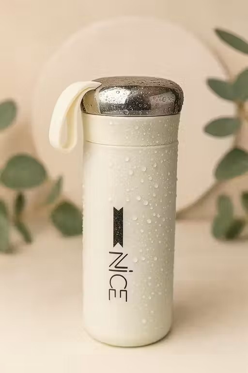 NICE HM001 400ml Glass Inner Plastic Outer Bottle, Leak-Resistant Cap, Minimal Design, for Kids/School/Home and Kitchen Use