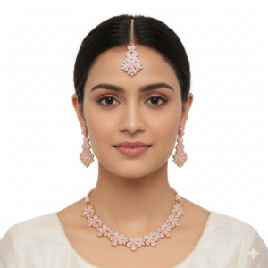 Digihollix JW001 Rose Gold Plated Floral Necklace Set with Maang Tikka & Earrings – Light Pink, AD/CZ Stones
