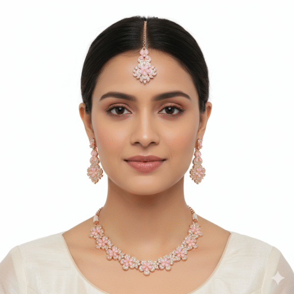 Digihollix JW001 Rose Gold Plated Floral Necklace Set with Maang Tikka & Earrings – Light Pink, AD/CZ Stones