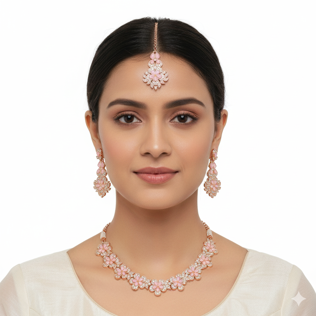 Digihollix JW001 Rose Gold Plated Floral Necklace Set with Maang Tikka & Earrings – Light Pink, AD/CZ Stones