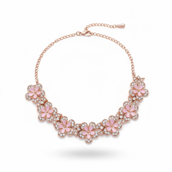 Digihollix JW001 Rose Gold Plated Floral Necklace Set with Maang Tikka & Earrings – Light Pink, AD/CZ Stones - Image 4