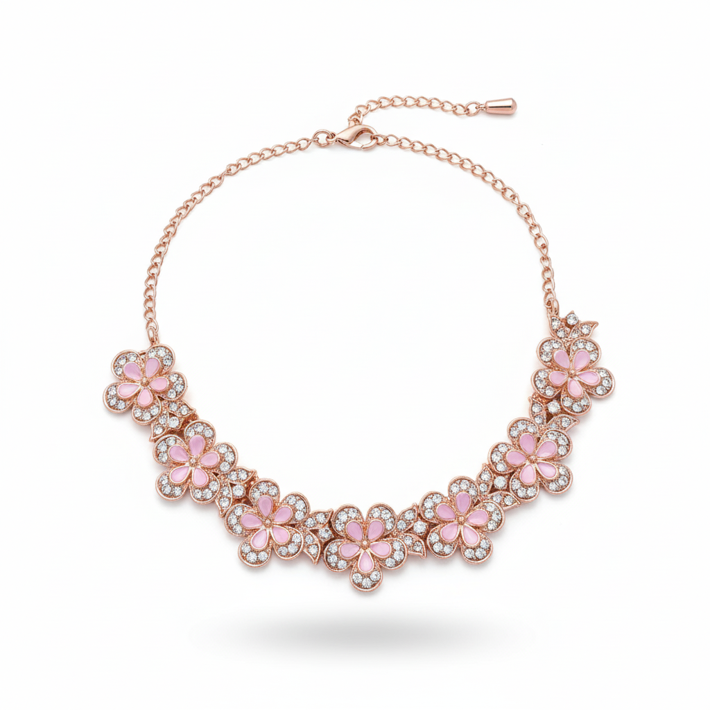Digihollix JW001 Rose Gold Plated Floral Necklace Set with Maang Tikka & Earrings – Light Pink, AD/CZ Stones - Image 4