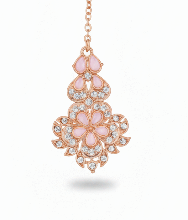 Digihollix JW001 Rose Gold Plated Floral Necklace Set with Maang Tikka & Earrings – Light Pink, AD/CZ Stones - Image 3