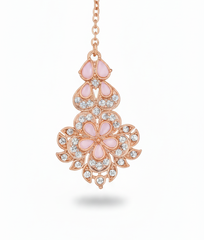 Digihollix JW001 Rose Gold Plated Floral Necklace Set with Maang Tikka & Earrings – Light Pink, AD/CZ Stones - Image 3