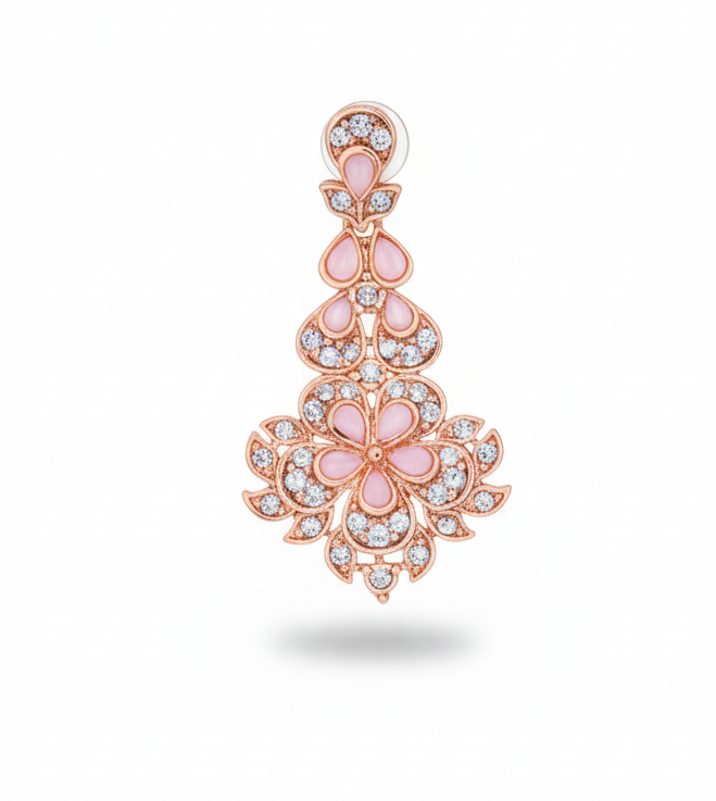 Digihollix JW001 Rose Gold Plated Floral Necklace Set with Maang Tikka & Earrings – Light Pink, AD/CZ Stones - Image 2