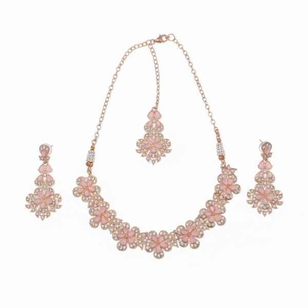 Digihollix JW001 Rose Gold Plated Floral Necklace Set with Maang Tikka & Earrings – Light Pink, AD/CZ Stones - Image 5