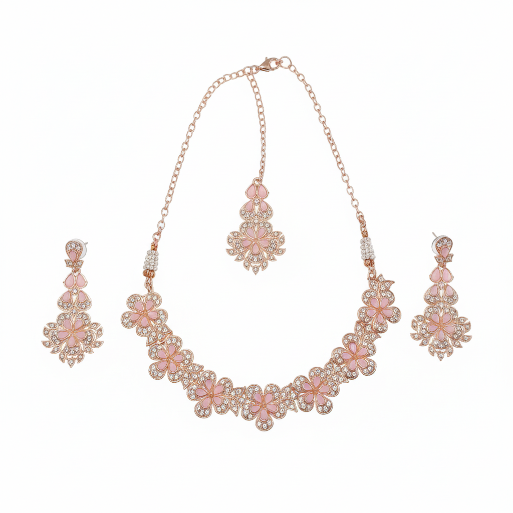 Digihollix JW001 Rose Gold Plated Floral Necklace Set with Maang Tikka & Earrings – Light Pink, AD/CZ Stones - Image 5