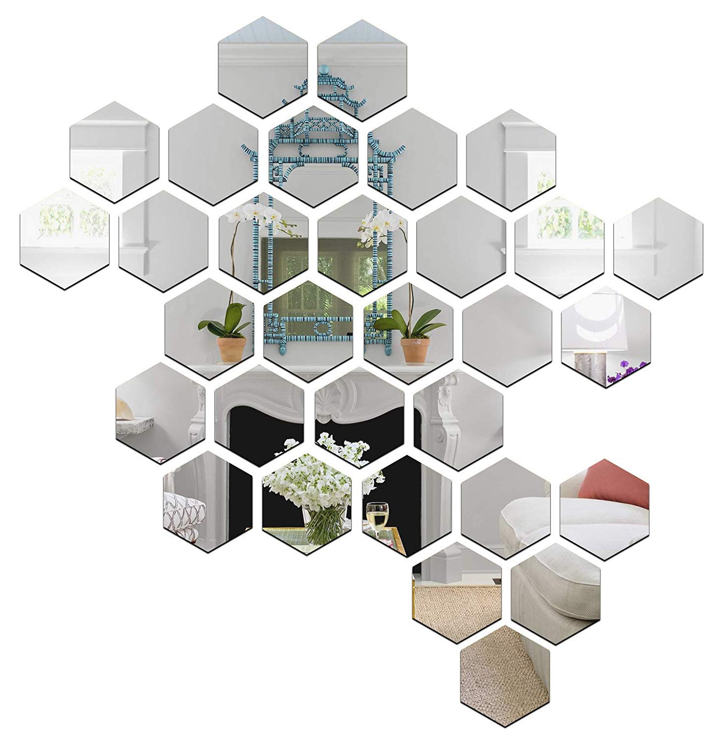 DIgihollix HMWLDCR2 31 Hexagon with 10 Butterflies Silver Acrylic Mirror Wall Stickers – 3D Peel & Stick Vinyl Wall Decals for Bedroom, Living Room & Home Decoration