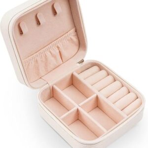 Digihollix Mini Jewelry Travel Case for Women, Faux Leather Portable Organizer Box for Rings, Earrings, Necklaces & Bracelets, Compact 2-Layer Jewelry Storage Holder - White