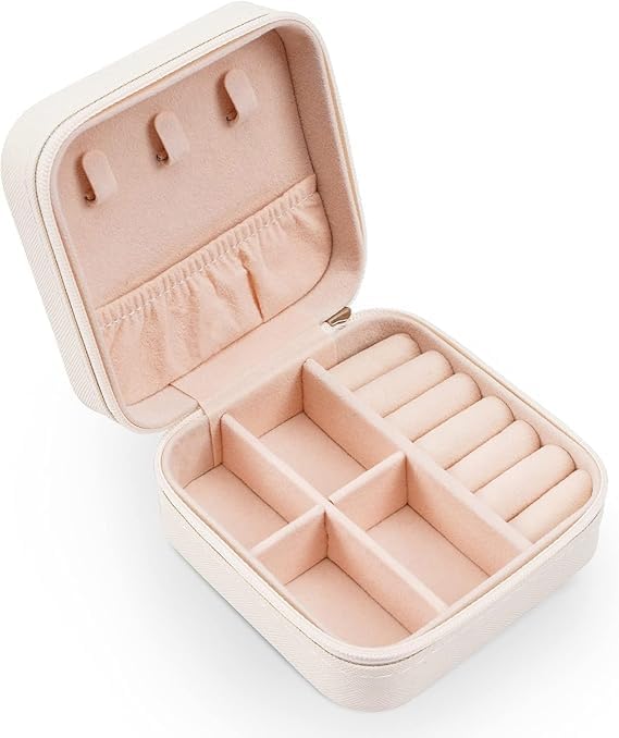 Digihollix Mini Jewelry Travel Case for Women, Faux Leather Portable Organizer Box for Rings, Earrings, Necklaces & Bracelets, Compact 2-Layer Jewelry Storage Holder - White