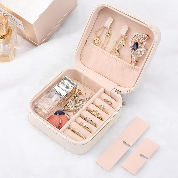 Digihollix Mini Jewelry Travel Case for Women, Faux Leather Portable Organizer Box for Rings, Earrings, Necklaces & Bracelets, Compact 2-Layer Jewelry Storage Holder - White - Image 2