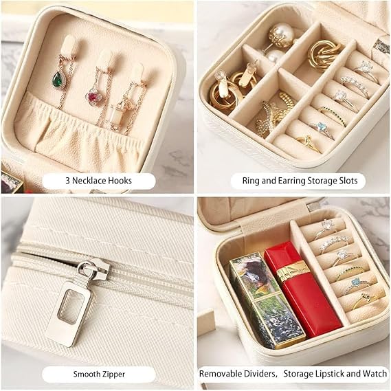 Digihollix Mini Jewelry Travel Case for Women, Faux Leather Portable Organizer Box for Rings, Earrings, Necklaces & Bracelets, Compact 2-Layer Jewelry Storage Holder - White - Image 4