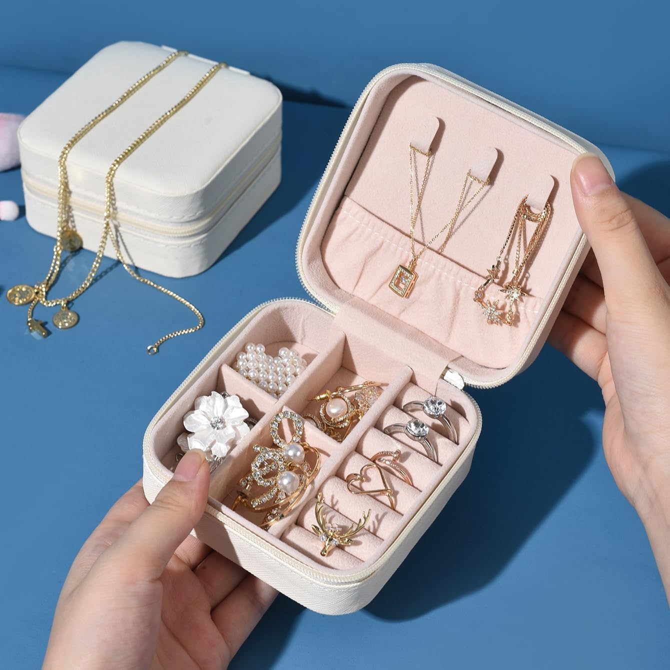 Digihollix Mini Jewelry Travel Case for Women, Faux Leather Portable Organizer Box for Rings, Earrings, Necklaces & Bracelets, Compact 2-Layer Jewelry Storage Holder - White - Image 6