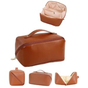 Digihollix Large Capacity Travel Cosmetic Bag for Women, Waterproof PU Leather Makeup Organizer with Handle & Divider, Portable Toiletry Storage Pouch for Daily Use & Travel, Durable Zipper – Brown