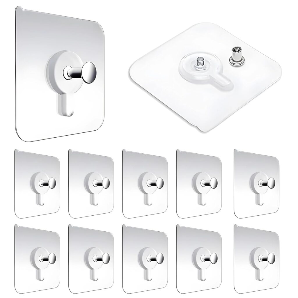 Digihollix Self Adhesive Wall Hooks (Pack of 10) - Heavy Duty Transparent Hooks for Picture Frames, Clocks, Towels & Kitchen Accessories - Waterproof, No Nails, Rustproof Wall Hangers